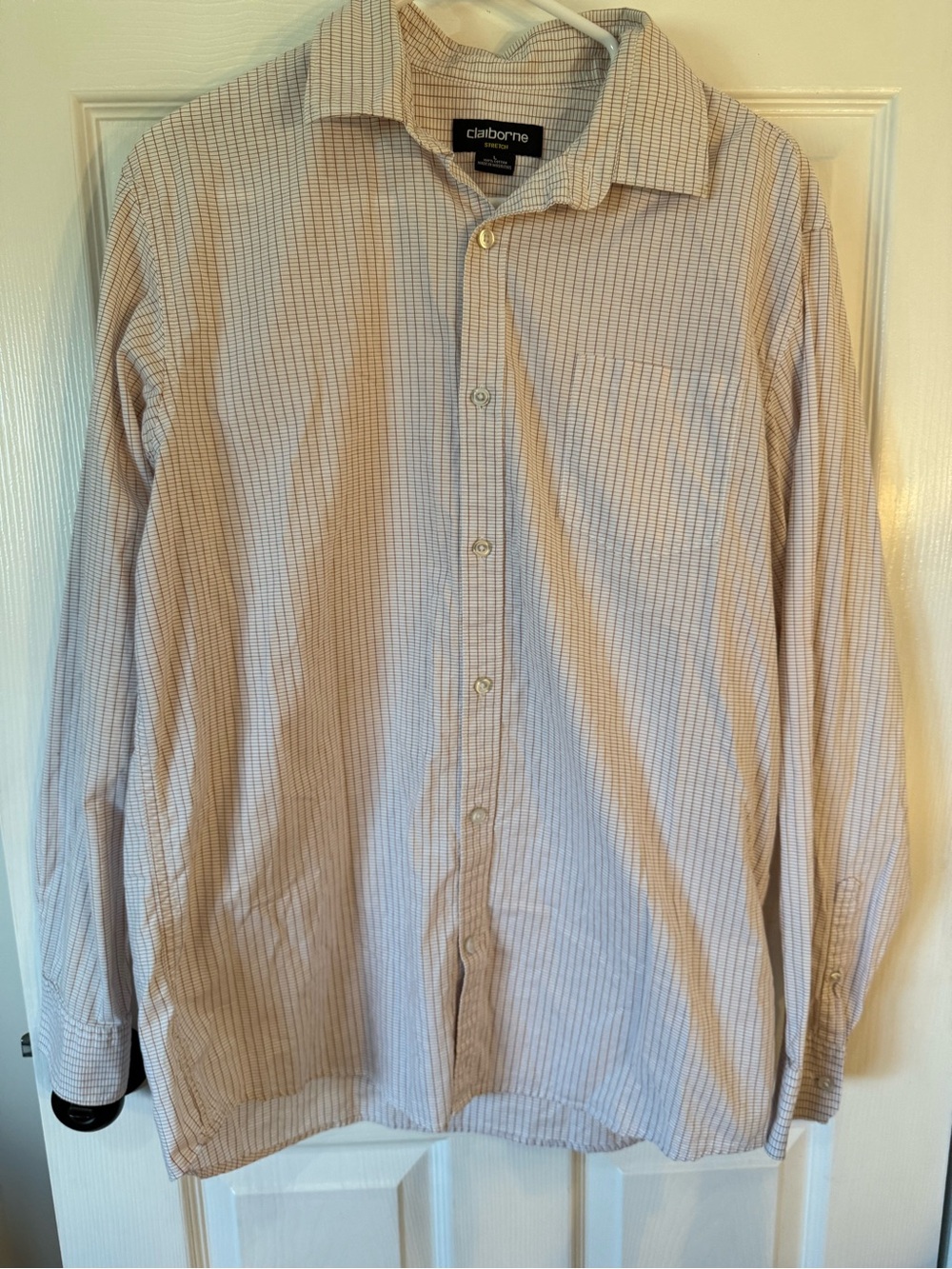 Claiborne Men's Light Blue and White Striped Dress Shirt